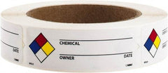 NMC - Hazardous Materials Label - Legend: Chemical ___ - Owner ___ - Date ___, English, Black, Blue, Red, Yellow & White, 3" Long x 1" High, Sign Muscle Finish - Americas Industrial Supply