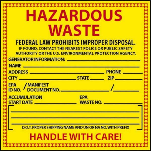 NMC - "Hazardous Waste - Federal Law Prohibits Improper Disposal", 6" Long x 6" Wide, Pressure-Sensitive Vinyl Safety Sign - Square, 0.004" Thick, Use for Hazardous Materials - Americas Industrial Supply