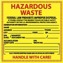 NMC - Hazardous Materials Label - Legend: Hazardous Waste - Federal Law Prohibits Improper Disposal, English, Red & Black & Yellow, 6" Long x 6" High, Sign Muscle Finish - Americas Industrial Supply