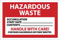 NMC - Hazardous Materials Label - Legend: Hazardous Waste - Accumulation Start Date___ - Contents___ - Handle with Care! - Contains Hazardous or Toxic Wastes, English, Red, Black & White, 6" Long x 4" High, Sign Muscle Finish - Americas Industrial Supply
