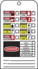 NMC - 3" High x 6" Long, DANGER - TOXIC ACID ALKALINE FLAMMABLE COMBUSTIBLE USE VENTILATION, English Safety & Facility Accident Prevention Tag - Tag Header: Danger, 2 Sides, Black, Red & White Unrippable Vinyl - Americas Industrial Supply