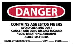 NMC - "Danger - Contains Asbestos Fibers - Avoid Creating Dust - Cancer and Lung Disease Hazard - Avoid Breathing Airborne...", 3" Long x 5" Wide, Pressure-Sensitive Vinyl Safety Sign - Rectangle, 0.004" Thick, Use for Hazardous Materials - Americas Industrial Supply