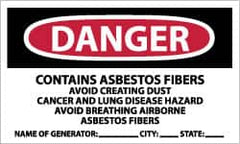 NMC - "Danger - Contains Asbestos Fibers - Avoid Creating Dust - Cancer and Lung Disease Hazard - Avoid Breathing Airborne...", 3" Long x 5" Wide, Paper Safety Sign - Rectangle, Use for Hazardous Materials - Americas Industrial Supply