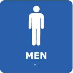 NMC - Men, 8" Wide x 8" High, Plastic Sign - English, Braille, White on Blue, Wall Mount - Americas Industrial Supply