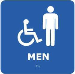 NMC - Men, 8" Wide x 8" High, Plastic Sign - English, Braille, White on Blue, Wall Mount - Americas Industrial Supply