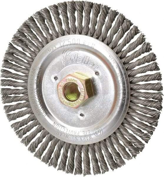 Weiler - 6" OD, 5/8" Arbor Hole, Stringer Bead Steel Wheel Brush - 1/2" Face Width, 1-1/4" Trim Length, 0.023" Filament Diam, 12,500 RPM - Americas Industrial Supply