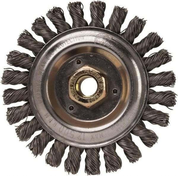 Weiler - 5" OD, 5/8" Arbor Hole, Stringer Bead Steel Wheel Brush - 1/2" Face Width, 7/8" Trim Length, 0.023" Filament Diam, 12,500 RPM - Americas Industrial Supply