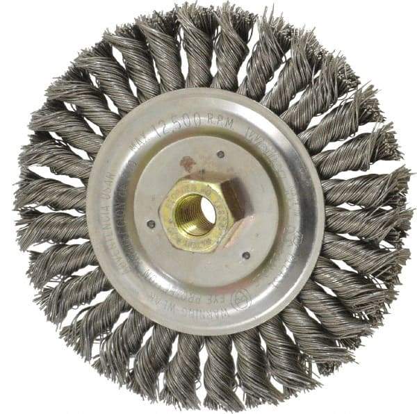 Weiler - 6" OD, 5/8" Arbor Hole, Stringer Bead Steel Wheel Brush - 1/2" Face Width, 1-1/8" Trim Length, 0.02" Filament Diam, 12,500 RPM - Americas Industrial Supply