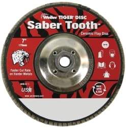 Weiler - 80 Grit, 7" Disc Diam, 5/8-11 Center Hole, Type 29 Ceramic Flap Disc - 8,600 Max RPM, Phenolic Backing, Arbor Attaching System, Coated - Americas Industrial Supply
