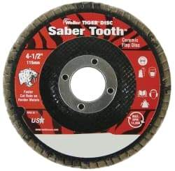 Weiler - 80 Grit, 4-1/2" Disc Diam, 7/8" Center Hole, Type 29 Ceramic Flap Disc - 13,000 Max RPM, Phenolic Backing, Arbor Attaching System, Coated - Americas Industrial Supply