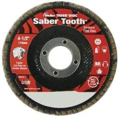 Weiler - 80 Grit, 4-1/2" Disc Diam, 7/8" Center Hole, Type 29 Ceramic Flap Disc - 13,000 Max RPM, Phenolic Backing, Arbor Attaching System, Coated - Americas Industrial Supply