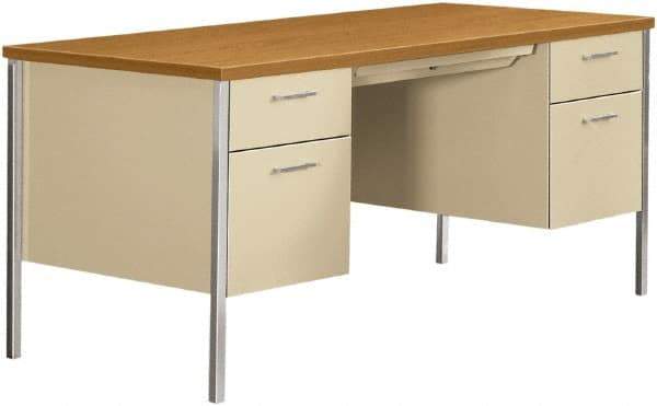 Hon - Woodgrain Laminate/Metal Double Pedestal Desk with Center Drawer - 62-3/4, 60" Wide x 30" Deep x 22-1/2, 29" High, Harvest/Putty - Americas Industrial Supply