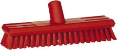 Vikan - 1.3" Bristle Length, Polyester Scrub Brush - 10-3/4" Long x 2-1/2" Wide Head, 11" OAL, European Threaded Handle, Red, Polypropylene Block - Americas Industrial Supply