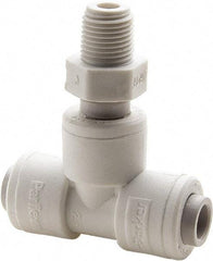 Parker - 1/2" Outside Diam, 1/2 NPTF, Polypropylene Push-to-Connect Tube Male Swivel Branch Tee - 150 Max psi, White - Americas Industrial Supply