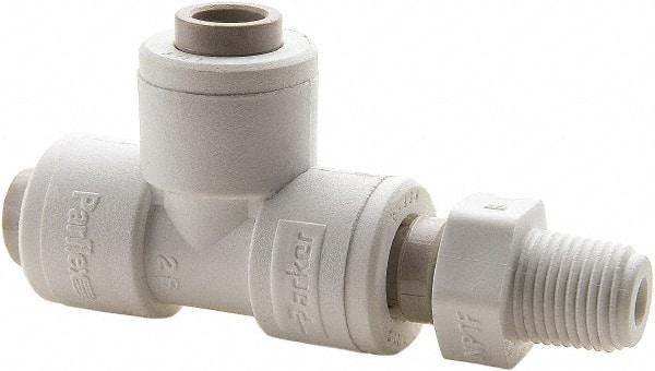 Parker - 1/2" Outside Diam, 3/8 NPTF, Polypropylene Push-to-Connect Tube Male Swivel Run Tee - 150 Max psi, White - Americas Industrial Supply