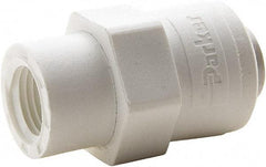 Parker - 1/2" Outside Diam, 3/8 NPTF, Polypropylene Push-to-Connect Tube Female Connector - 150 Max psi, White - Americas Industrial Supply