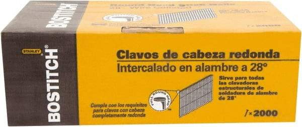 Stanley Bostitch - 12 Gauge 0.113" Shank Diam 2" Long Framing Nails for Power Nailers - Steel, Bright Finish, Ring Shank, Angled Stick Wire Collation, Round Head, Diamond Point - Americas Industrial Supply