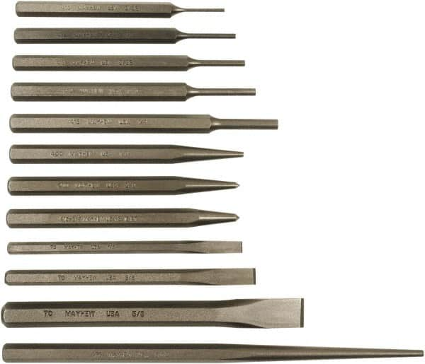 Mayhew - 12 Piece Punch & Chisel Set - 1/4 to 5/8" Chisel, 1/8 to 3/8" Punch, Hex Shank - Americas Industrial Supply