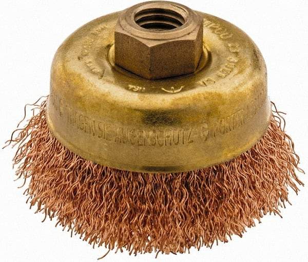 Ampco - 3" Diam, 5/8-11 Threaded Arbor, Bronze Phosphorus Fill Cup Brush - 0.014 Wire Diam, 0.88" Trim Length, 12,500 Max RPM - Americas Industrial Supply