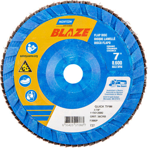 7 × 7/8″ Blaze Plastic Flat Flap Disc Type 27 36 Grit R980P Premium Ceramic Alumina - Americas Industrial Supply