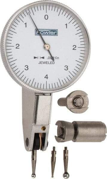 Fowler - 0.008 Inch Range, 0.0001 Inch Dial Graduation, Horizontal Dial Test Indicator - 1-1/2 Inch White Dial, 0-4-0 Dial Reading - Americas Industrial Supply