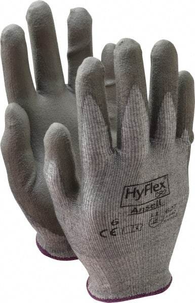 Ansell - Size XS (6), ANSI Cut Lvl 2, Abrasion Lvl 6, Polyurethane Coated Cut Resistant Gloves - 8.5" Long, Palm & Fingers Coated, Dyneema/Lycra Lining, Knit Wrist, Gray/Gray, Paired - Americas Industrial Supply