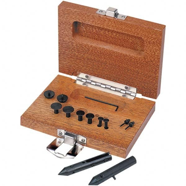 TESA Brown & Sharpe - 0.06, 0.11 & 0.156" Groove Depth, Black Oxide Cold Rolled Steel & Wood (Case) Caliper Centerline Attachment - 19 Pieces, 0.65" Bore Depth, For Use with Brown & Sharpe & Competitive 6" Dial, Digital & Vernier Calipers - Americas Industrial Supply