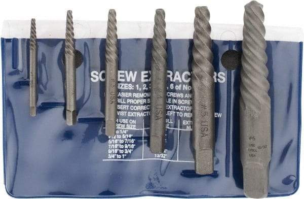 Cleveland - 6 Piece Spiral Flute Screw Extractor Set - Screw Range 3/16 to 1" - Americas Industrial Supply