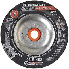 WALTER Surface Technologies - 30 Grit, 4-1/2" Wheel Diam, 1/8" Wheel Thickness, Type 27 Depressed Center Wheel - Aluminum Oxide, 13,300 Max RPM - Americas Industrial Supply
