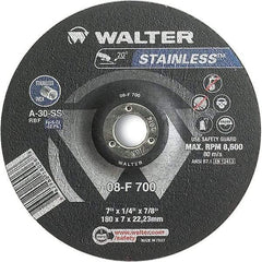 WALTER Surface Technologies - 30 Grit, 7" Wheel Diam, 1/4" Wheel Thickness, 7/8" Arbor Hole, Type 27 Depressed Center Wheel - Aluminum Oxide, Resinoid Bond, 8,600 Max RPM - Americas Industrial Supply