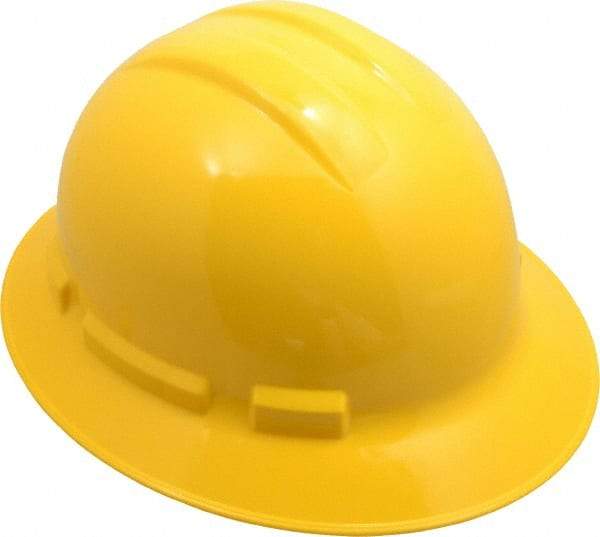 PRO-SAFE - ANSI Type I, Class E & G Rated, 6-Point, Ratchet Adjustment Hard Hat - Size 6-1/2 to 8, Yellow, Full Brim - Americas Industrial Supply