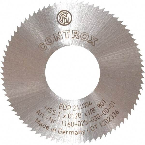 Controx - 1" Diam x 0.012" Blade Thickness x 3/8" Arbor Hole Diam, 80 Tooth Slitting and Slotting Saw - Arbor Connection, Right Hand, Uncoated, High Speed Steel, Concave Ground - Americas Industrial Supply