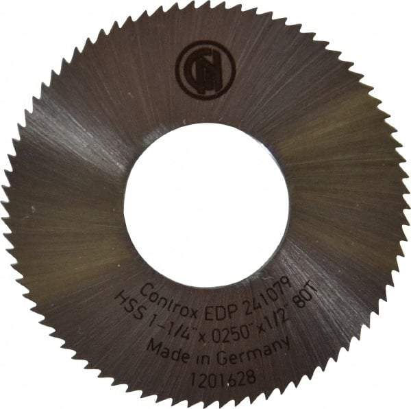 Controx - 1-1/4" Diam x 0.025" Blade Thickness x 1/2" Arbor Hole Diam, 80 Tooth Slitting & Slotting Saw - Arbor Connection, Right Hand, Uncoated, M2 High Speed Steel, Concave Ground - Americas Industrial Supply