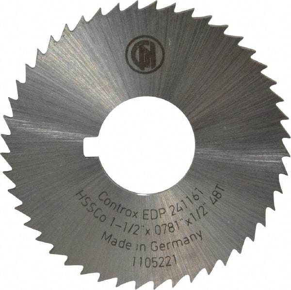 Controx - 1-1/2" Diam x 0.0781" Blade Thickness x 1/2" Arbor Hole Diam, 48 Tooth Slitting and Slotting Saw - Arbor Connection, Right Hand, Uncoated, Cobalt, Concave Ground, Contains Keyway - Americas Industrial Supply