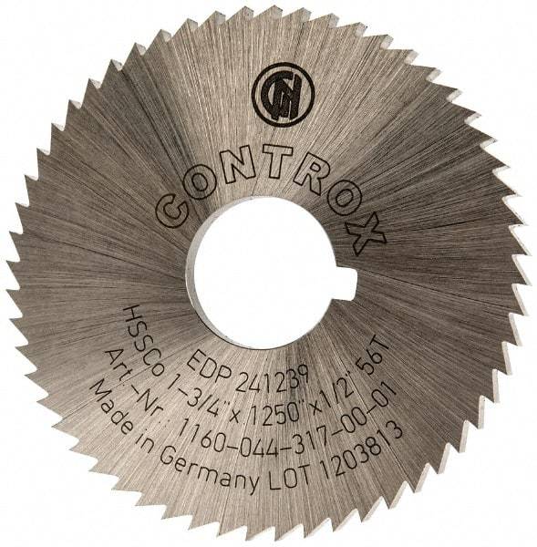 Controx - 1-3/4" Diam x 1/8" Blade Thickness x 1/2" Arbor Hole Diam, 56 Tooth Slitting and Slotting Saw - Arbor Connection, Right Hand, Uncoated, Cobalt, Concave Ground, Contains Keyway - Americas Industrial Supply