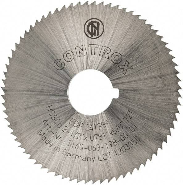 Controx - 2-1/2" Diam x 0.0781" Blade Thickness x 5/8" Arbor Hole Diam, 72 Tooth Slitting and Slotting Saw - Arbor Connection, Right Hand, Uncoated, Cobalt, Concave Ground, Contains Keyway - Americas Industrial Supply