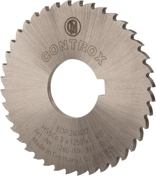 Controx - 3" Diam x 1/8" Blade Thickness x 1" Arbor Hole Diam, 40 Tooth Slitting and Slotting Saw - Arbor Connection, Right Hand, Uncoated, Cobalt, 15° Rake, Concave Ground, Contains Keyway - Americas Industrial Supply