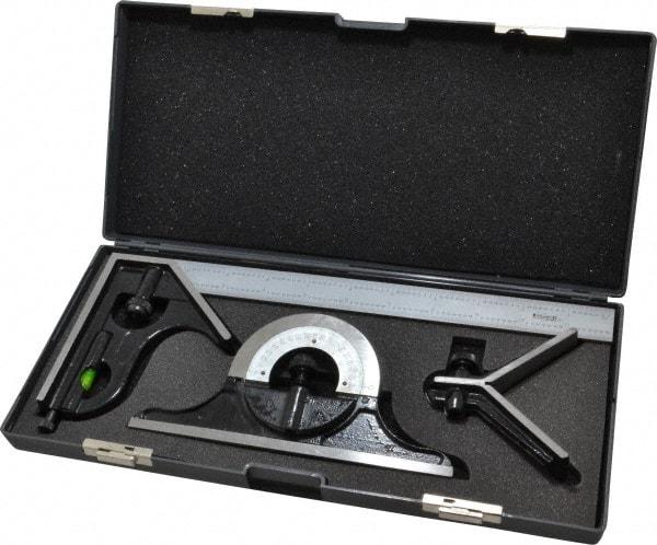SPI - 4 Piece, 12" Combination Square Set - 1/16, 1/32, 1/64 & 1/8" (4R) Graduation, Hardened Steel Blade, Hardened Steel Center, Protractor & Square Head - Americas Industrial Supply