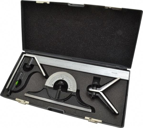SPI - 4 Piece, 12" Combination Square Set - 1/32 & 1/64" (English/Metric) Graduation, Hardened Steel Blade, Hardened Steel Center, Protractor & Square Head - Americas Industrial Supply