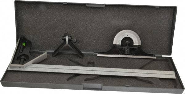 SPI - 4 Piece, 18" Combination Square Set - 1/16, 1/32, 1/64 & 1/8" (4R) Graduation, Hardened Steel Blade, Hardened Steel Center, Protractor & Square Head - Americas Industrial Supply