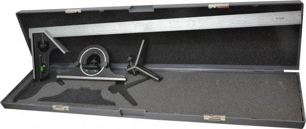 SPI - 4 Piece, 24" Combination Square Set - 1/100, 1/32, 1/50 & 1/64" (16R) Graduation, Hardened Steel Blade, Hardened Steel Center, Protractor & Square Head - Americas Industrial Supply