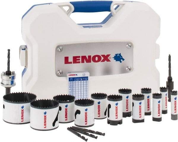 Lenox - 17 Piece, 5/8" to 3" Saw Diam, Contractor's Hole Saw Kit - Bi-Metal, Varied Toothing, Pilot Drill Model No. 4321, Includes 12 Hole Saws - Americas Industrial Supply