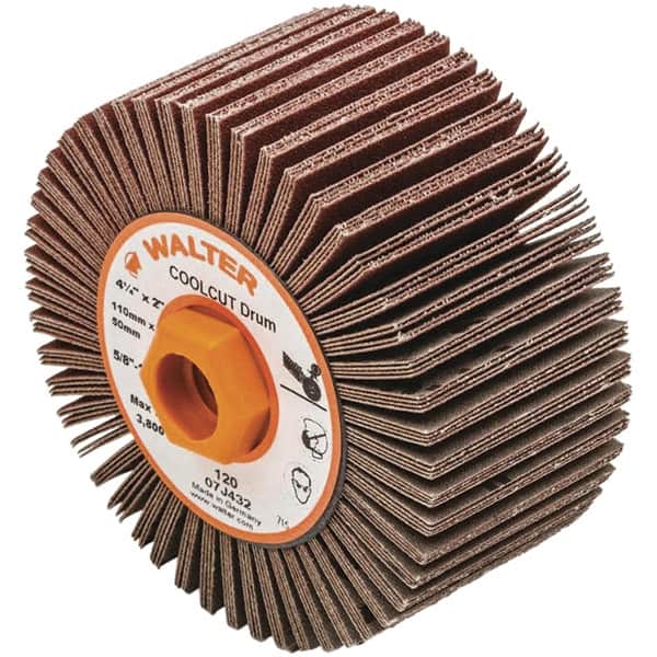 WALTER Surface Technologies - 4-1/4" Diam 120 Grit Aluminum Oxide Unmounted Flap Wheel - 5/8-11 Threaded Hole, 2" Wide, Coated, Grade Fine, 3,800 Max RPM - Americas Industrial Supply