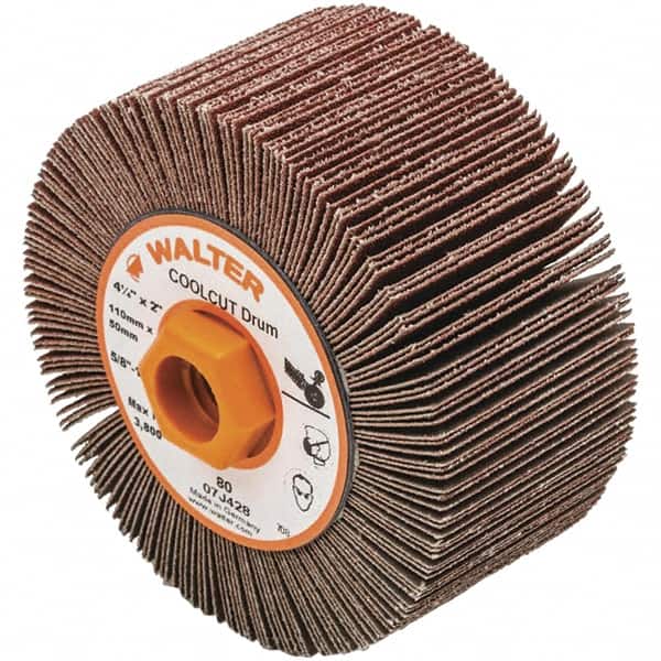 WALTER Surface Technologies - 4-1/4" Diam 80 Grit Aluminum Oxide Unmounted Flap Wheel - 5/8-11 Threaded Hole, 2" Wide, Coated, Grade Medium, 3,800 Max RPM - Americas Industrial Supply