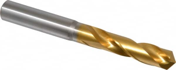 OSG - 15/32" 130° Spiral Flute Cobalt Screw Machine Drill Bit - TiN Finish, Right Hand Cut, 2-1/8" Flute Length, 4-7/32" OAL, Standard Point, Straight Shank - Americas Industrial Supply