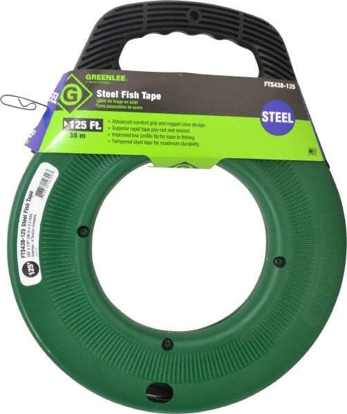 Greenlee - 125 Ft. Long x 1/8 Inch Wide, 0.045 Inch Thick, Steel Fish Tape - 400 Lb. Pulling Strength, Includes Case - Americas Industrial Supply