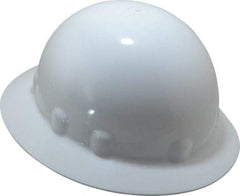 Fibre-Metal - ANSI Type I, Class E Rated, 8-Point, Ratchet Adjustment Hard Hat - One Size Fits Most, White, Full Brim - Americas Industrial Supply