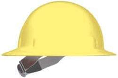 Fibre-Metal - ANSI Type I, Class E Rated, 8-Point, Ratchet Adjustment Hard Hat - Size 6-1/2 to 8, Yellow, Full Brim - Americas Industrial Supply