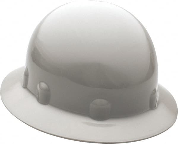 Fibre-Metal - ANSI Type I, Class E Rated, 8-Point, Ratchet Adjustment Hard Hat - One Size Fits Most, Gray, Full Brim - Americas Industrial Supply