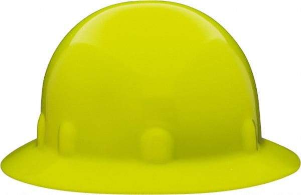 Fibre-Metal - ANSI Type I, Class E Rated, 8-Point, Ratchet Adjustment Hard Hat - Size 6-1/2 to 8, Hi-Viz Yellow, Full Brim - Americas Industrial Supply